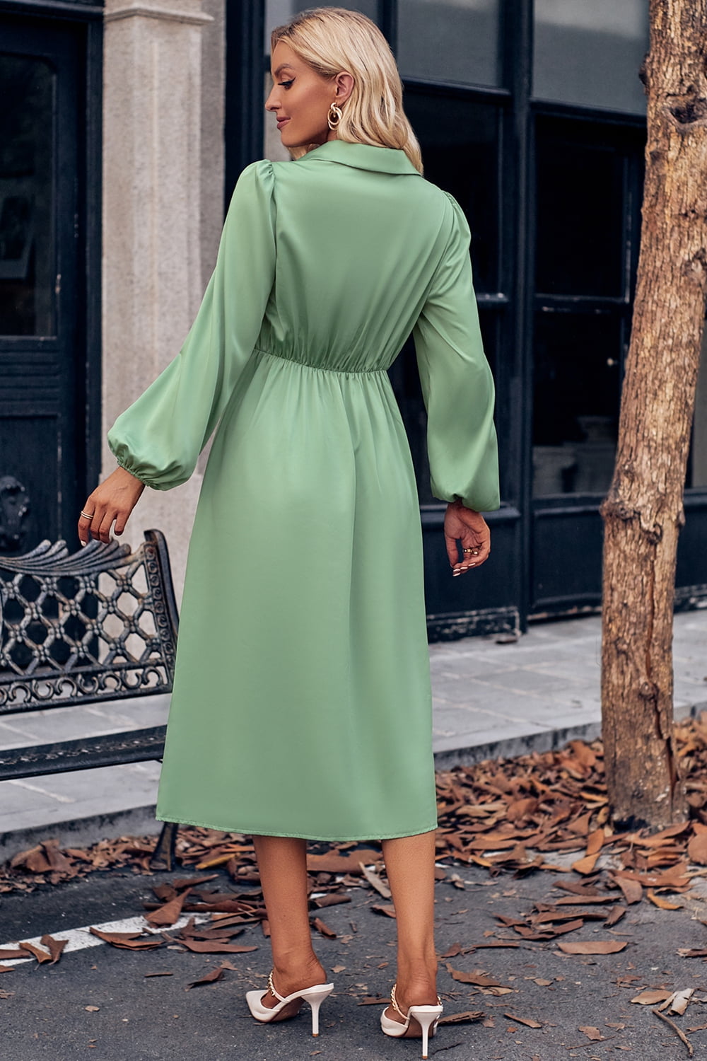 Surplice Neck Puff Sleeve Midi Dress - Lecatta