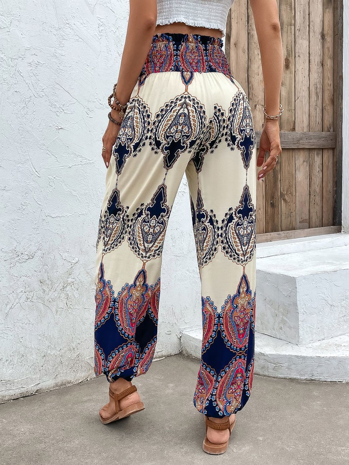 Printed Smocked High Waist Pants - Lecatta