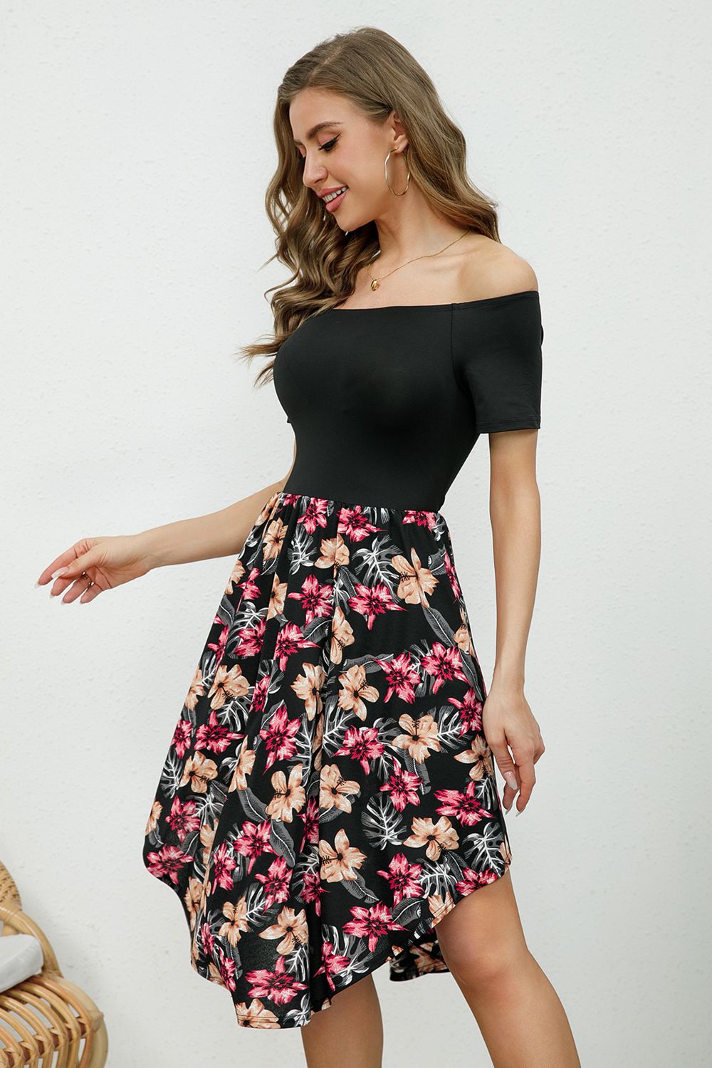 Off Shoulder Floral Print Short Sleeve Dress - Lecatta