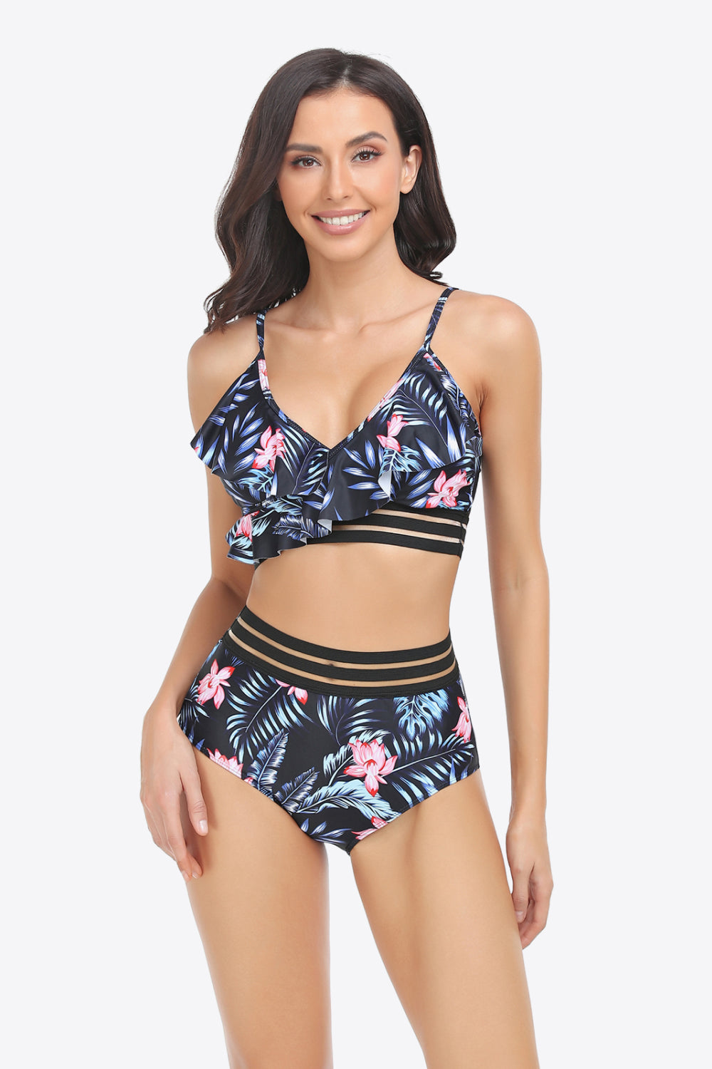 Ruffled Plunge Bikini Set - Lecatta