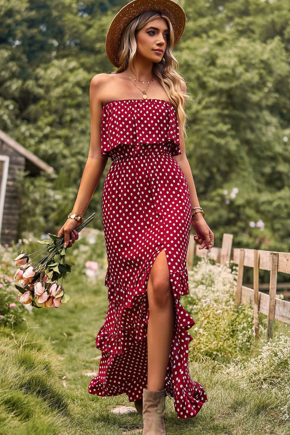 Polka Dot Strapless Slit Ruffled Maxi Dress - Lecatta