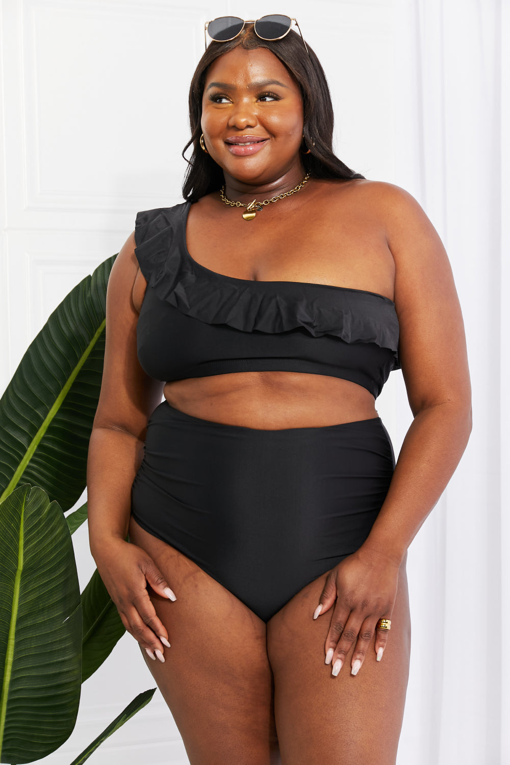 Ruffle One-Shoulder Bikini in Black - Lecatta