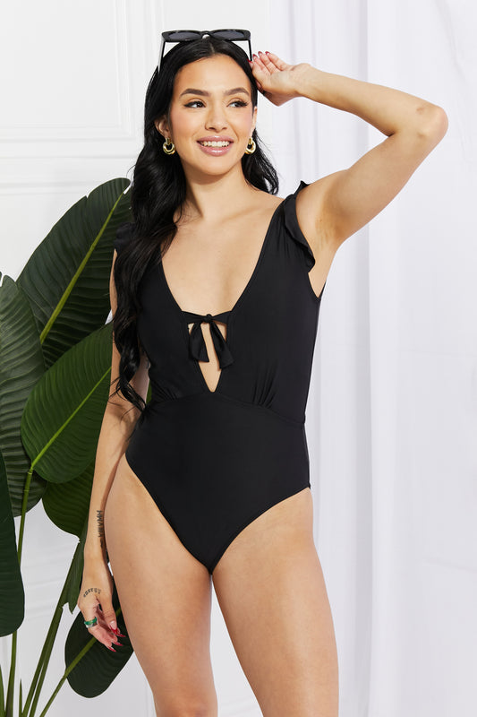 Seashell Ruffle Sleeve One-Piece in Black - Lecatta