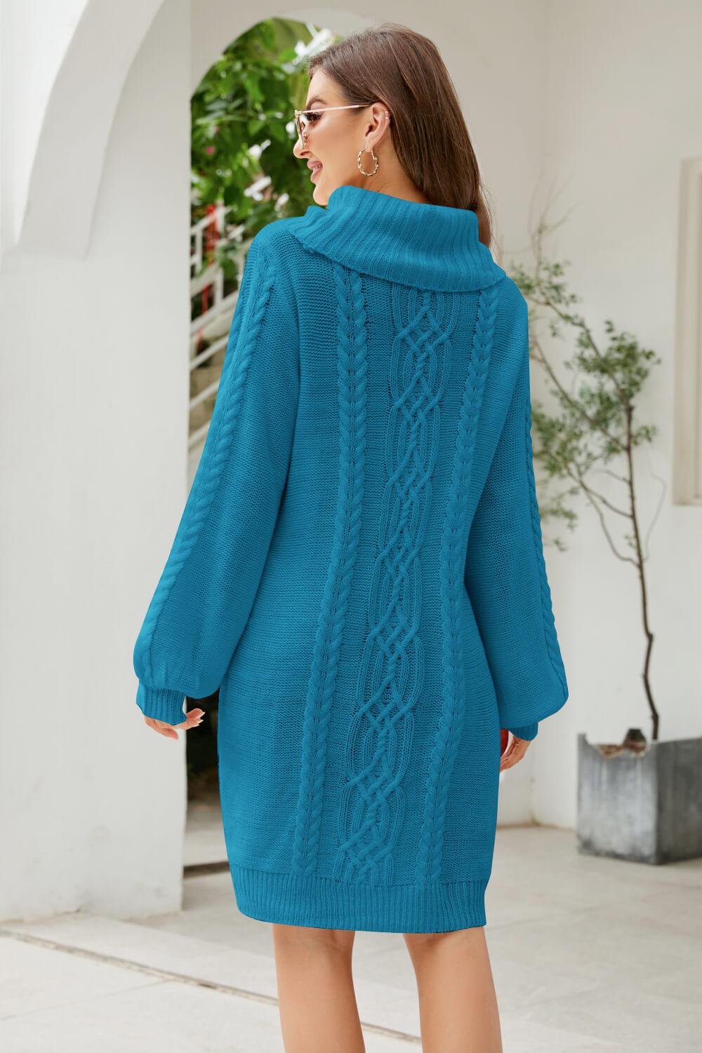 Mixed Knit Turtleneck Lantern Sleeve Sweater Dress - Lecatta