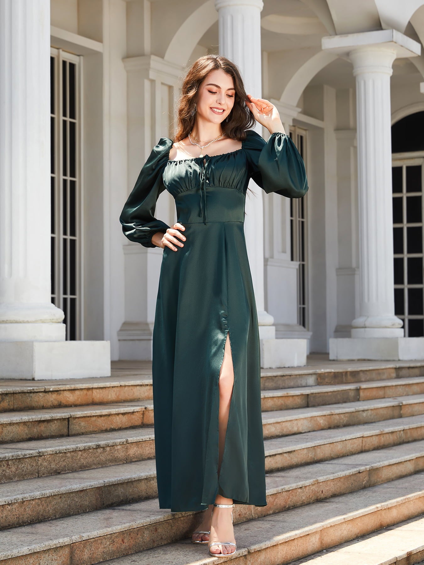 Square Neck Puff Sleeve High Slit Maxi Dress - Lecatta