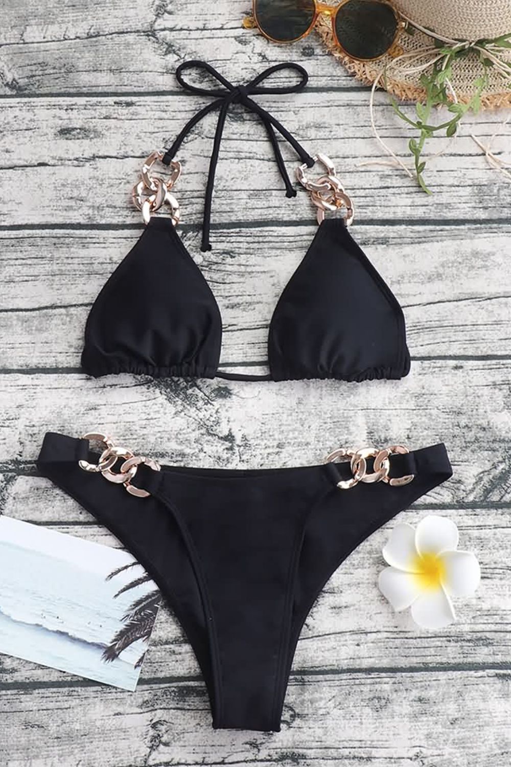 Chain Detail Tied Halter Neck Bikini Set - Lecatta