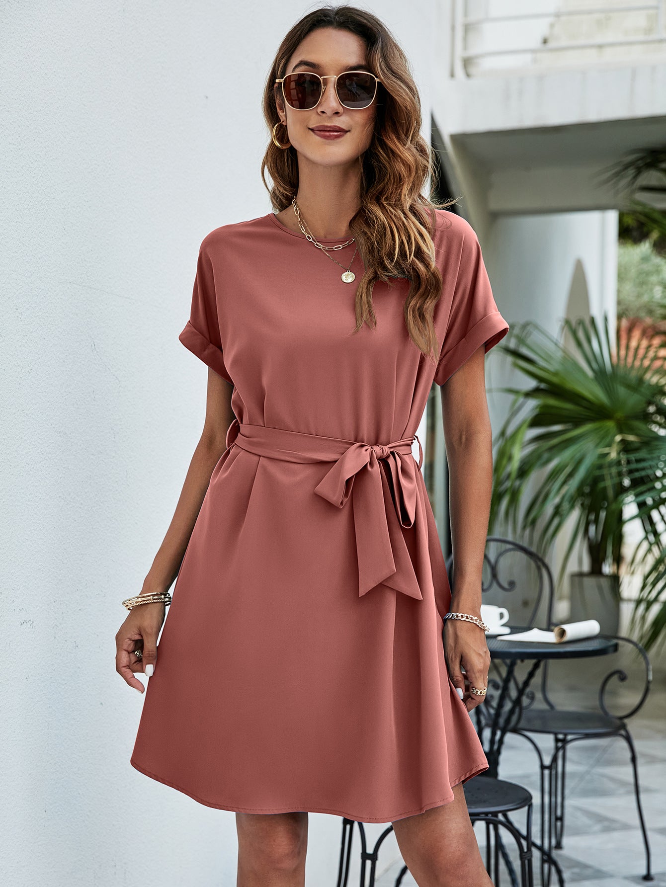 Belted Round Neck Curved Hem Dress - Lecatta