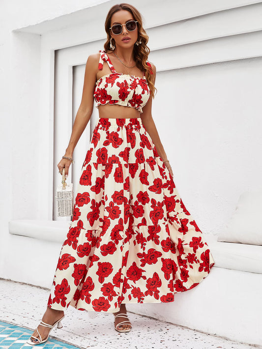 Floral Tie Shoulder Top and Tiered Maxi Skirt Set - Lecatta