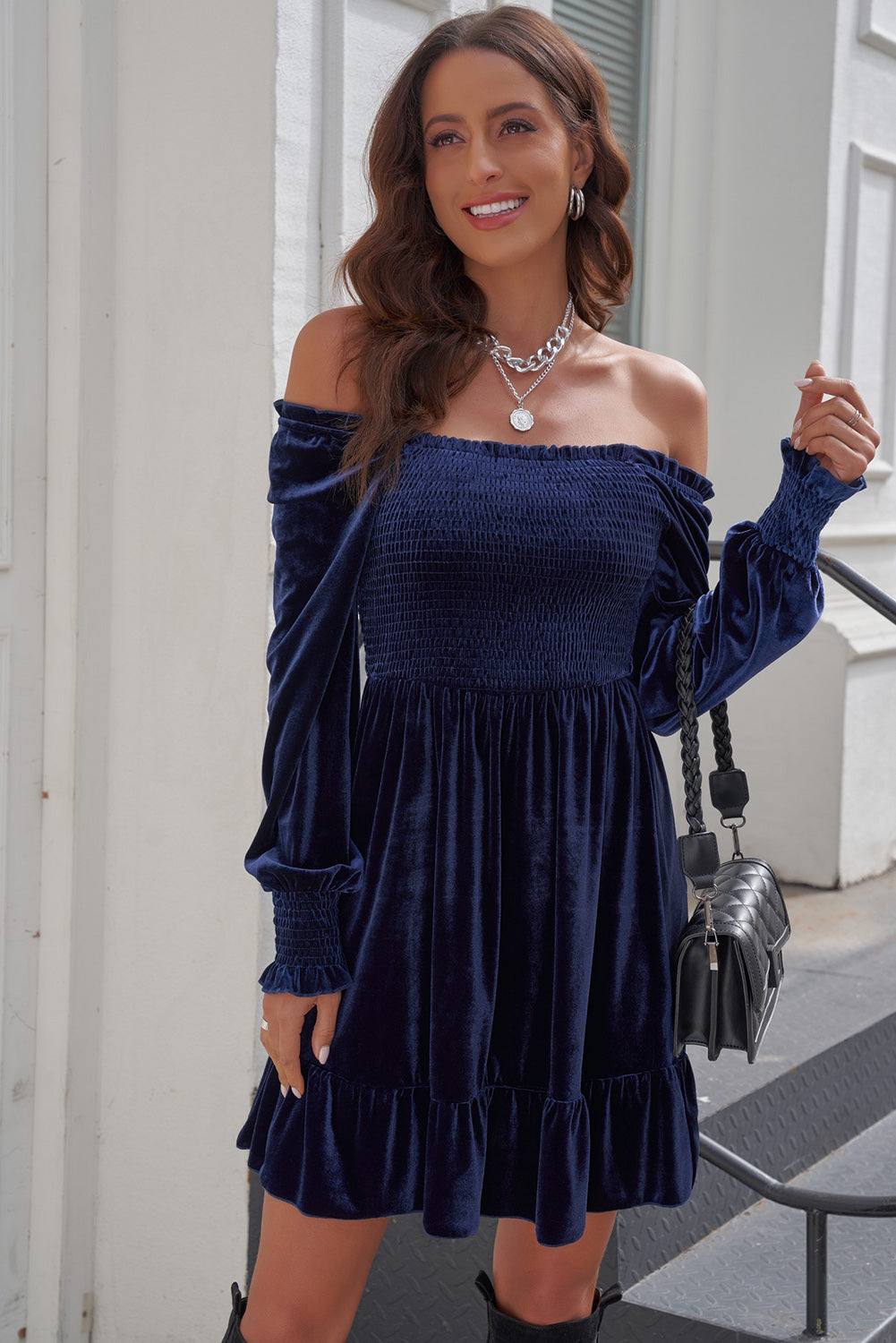 Off-Shoulder Smocked Ruffle Hem Dress - Lecatta