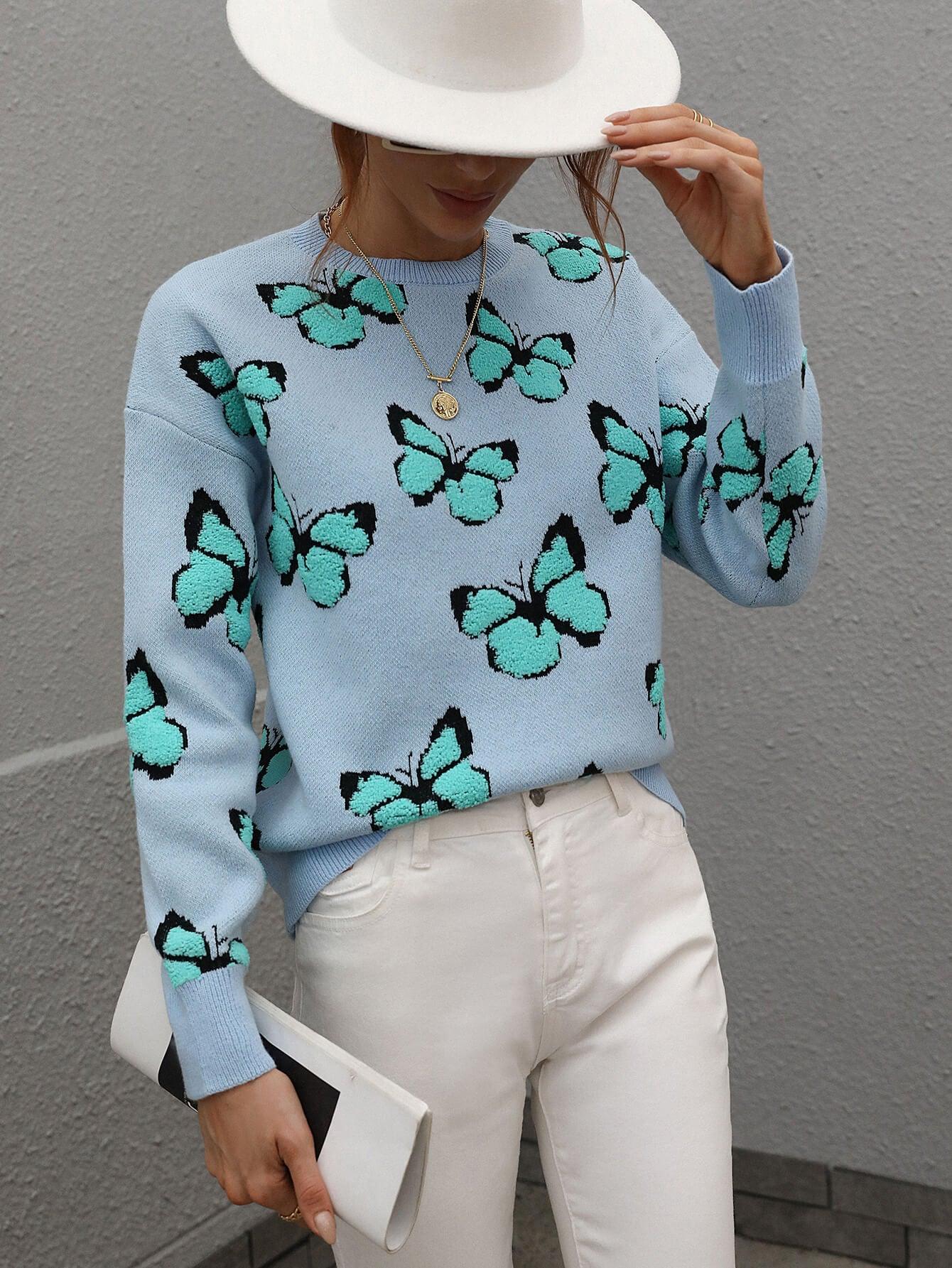Butterfly Dropped Shoulder Crewneck Sweater - Lecatta