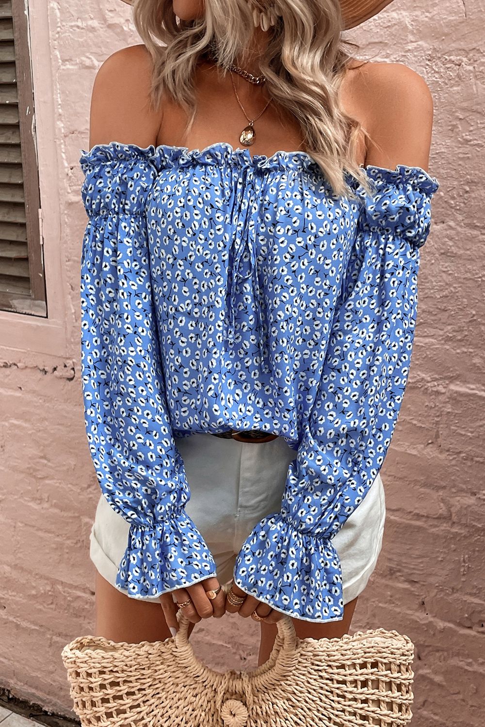 Off Shoulder Printed Frill Trim Blouse - Lecatta