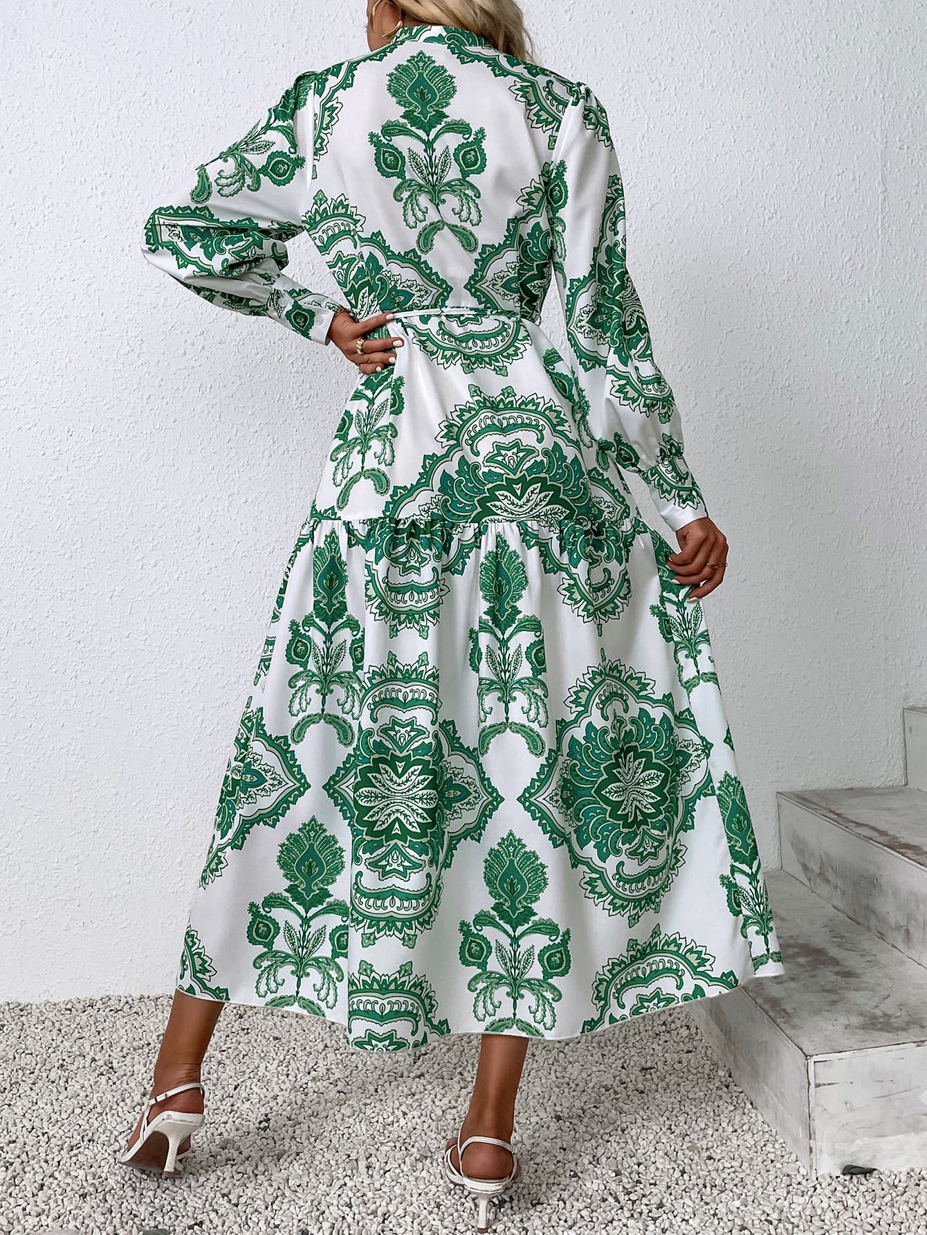 Printed Tie Waist Notched Neck Midi Dress - Lecatta