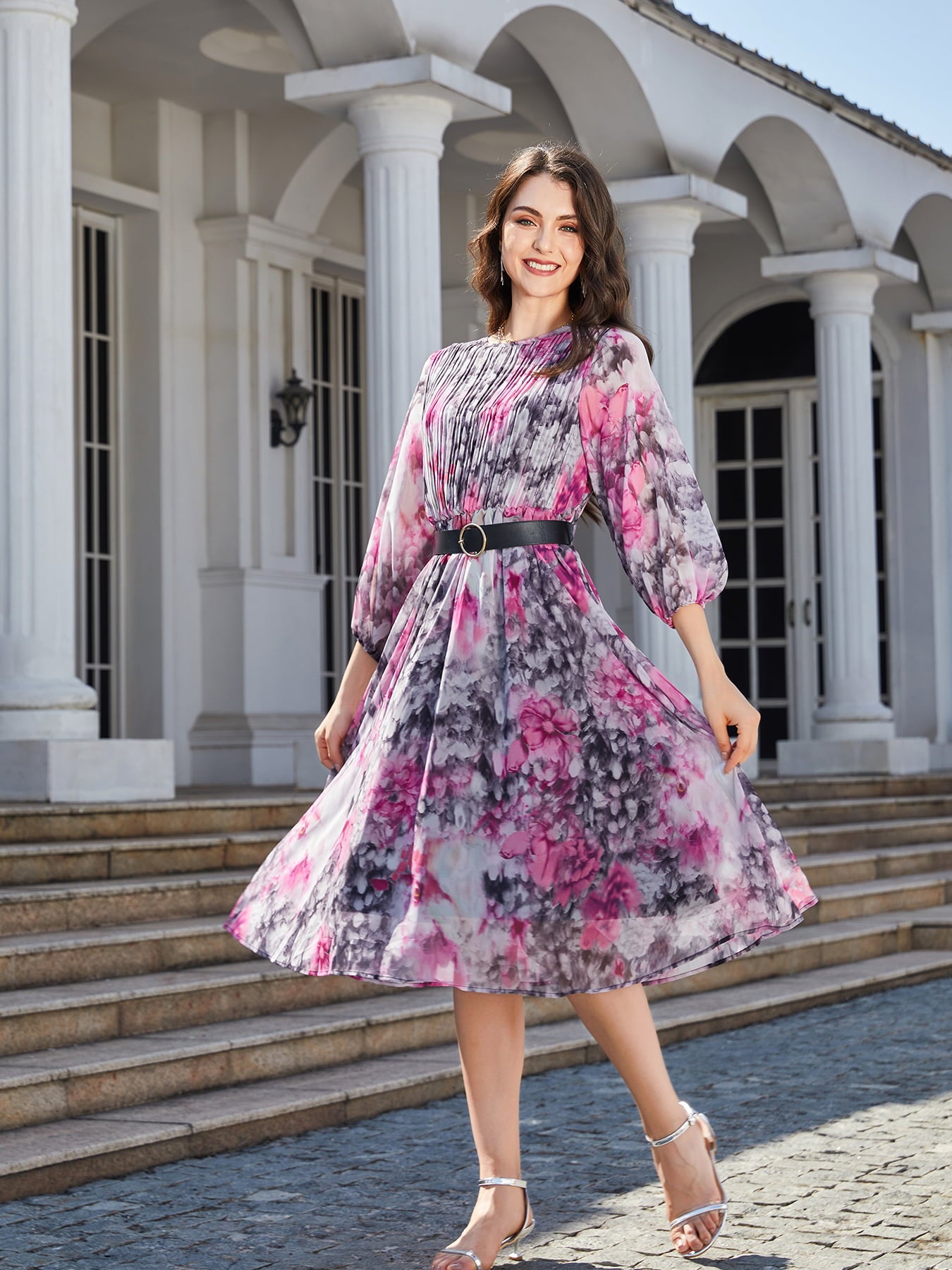 Floral Print Round Neck Balloon Sleeve Midi Dress - Lecatta