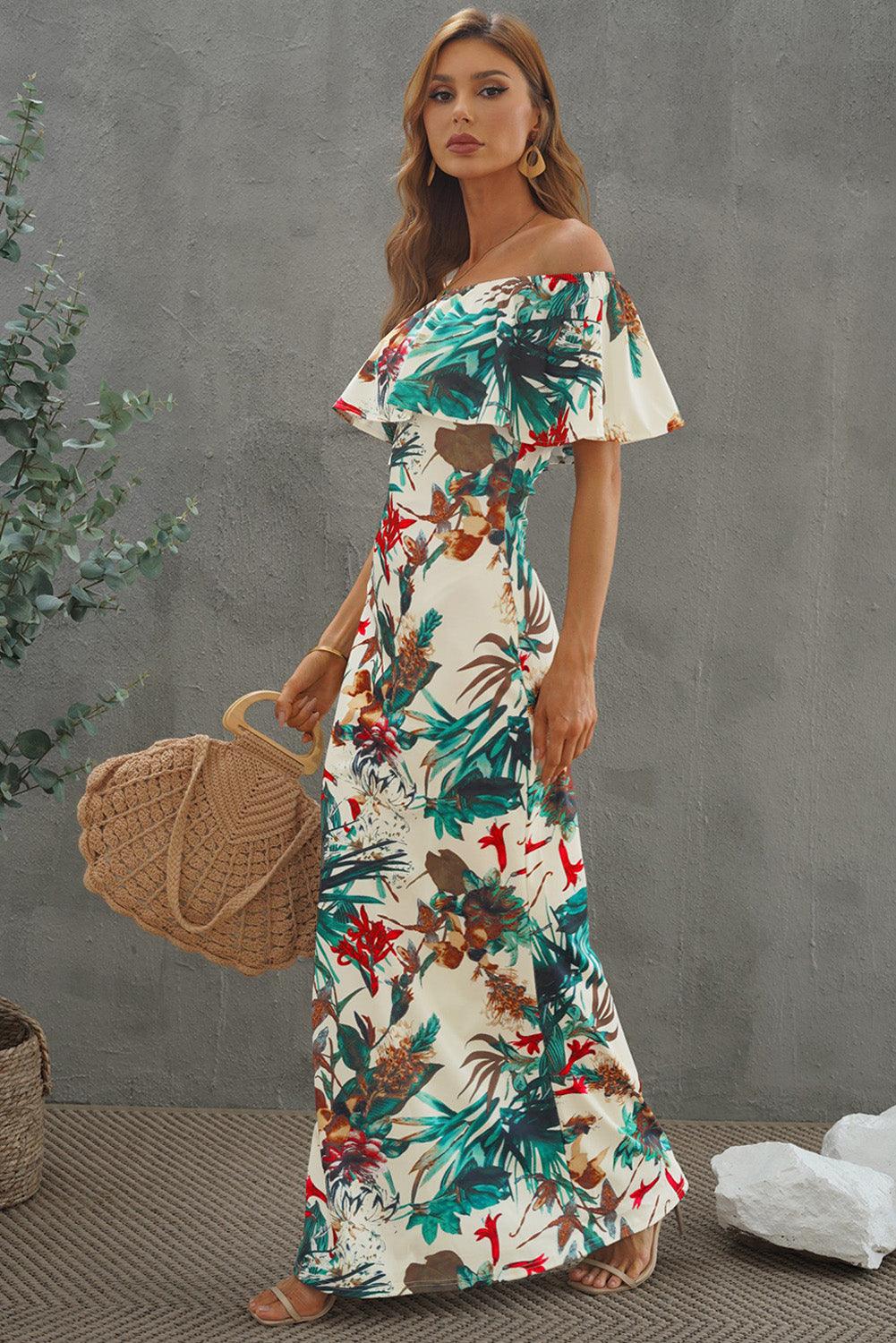 Floral Layered Off-Shoulder Maxi Dress - Lecatta