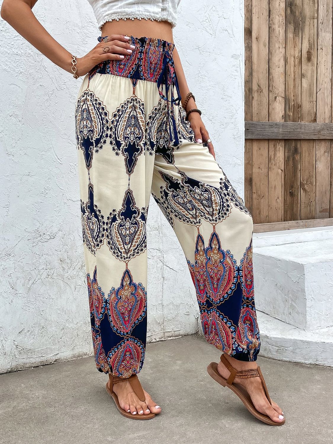 Printed Smocked High Waist Pants - Lecatta