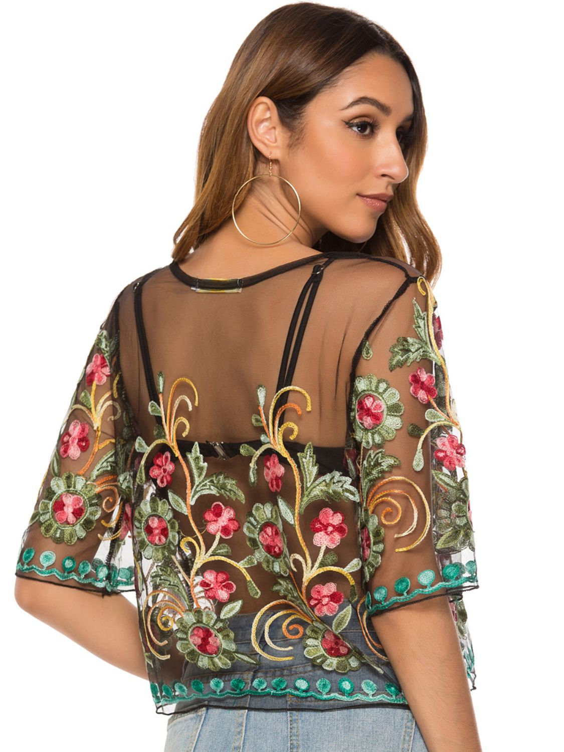 Embroidered Round Neck Sheer Blouse - Lecatta