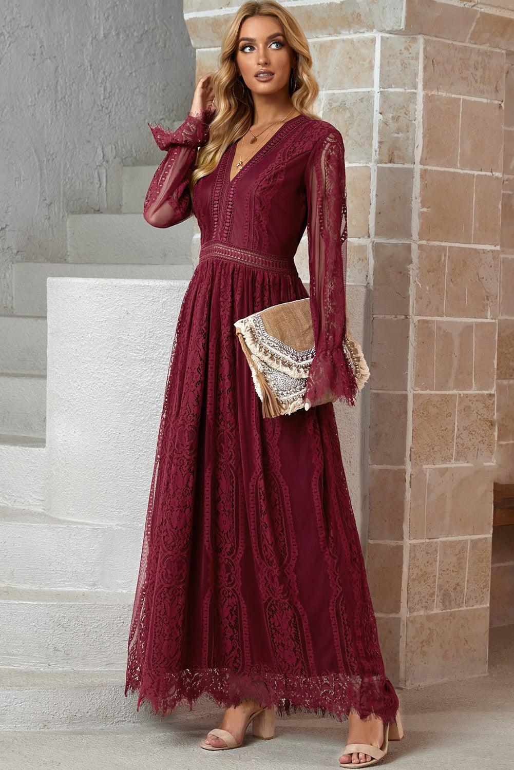 Scalloped Hem Flounce Sleeve Lace V-Neck Maxi Dress - Lecatta