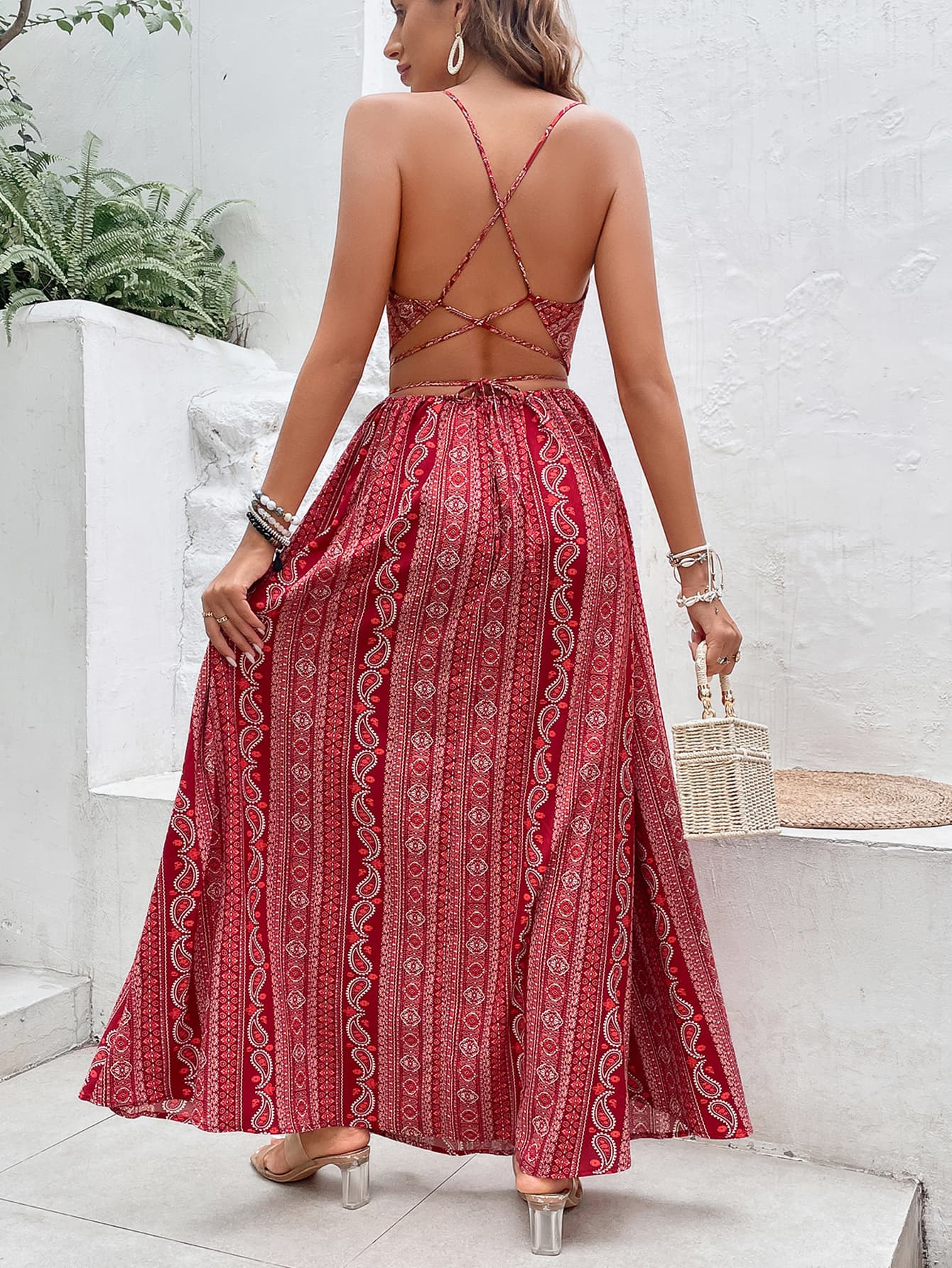 Printed Sweetheart Neck Split Maxi Dress - Lecatta