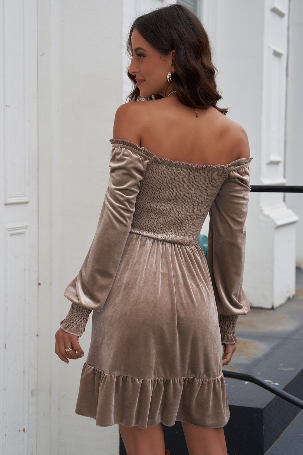 Off-Shoulder Smocked Ruffle Hem Dress - Lecatta