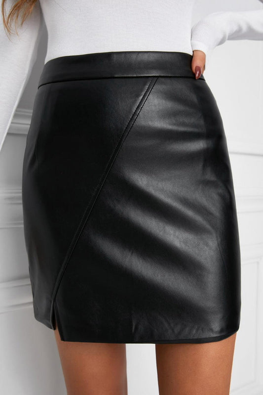 Faux Leather Mini Skirt with Slit - Lecatta