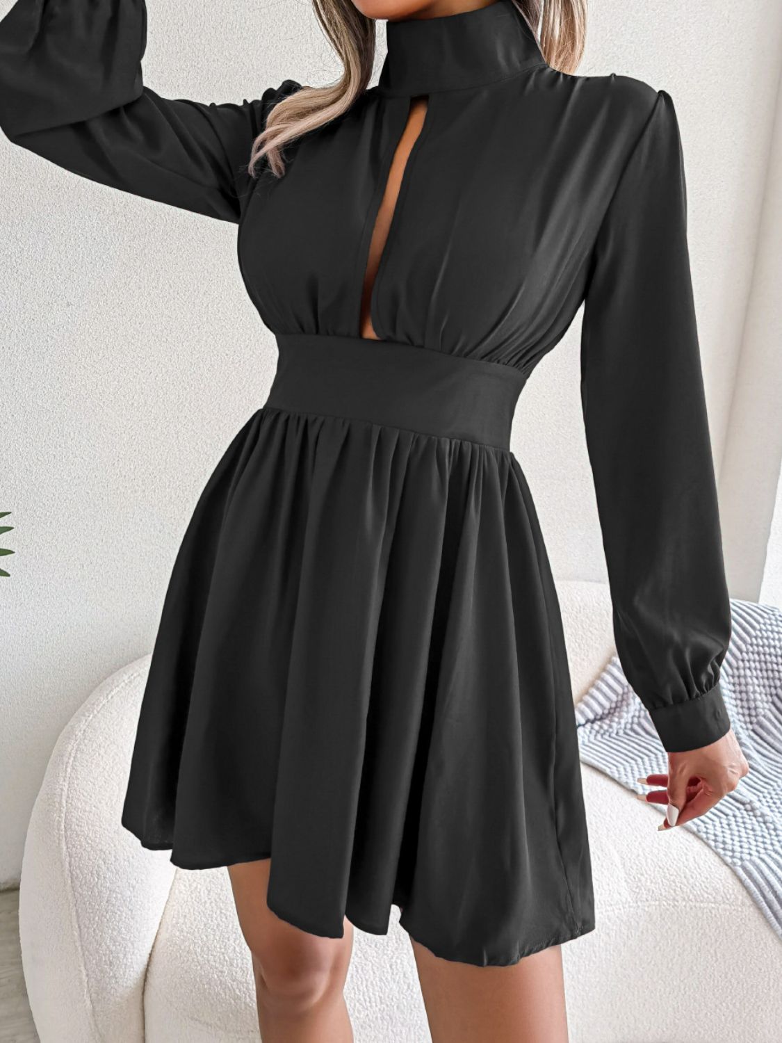 Cutout Turtleneck A-Line Mini Dress - Lecatta