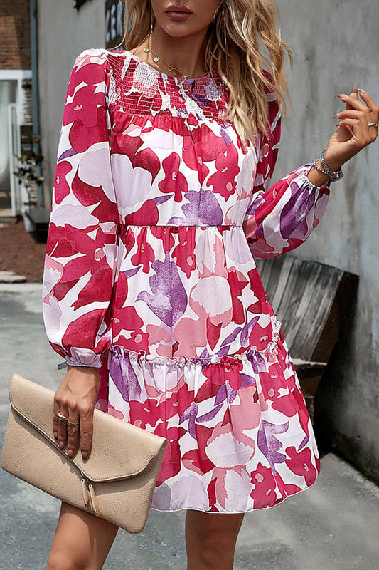 Smocked Floral Print Long Sleeve Mini Dress - Lecatta