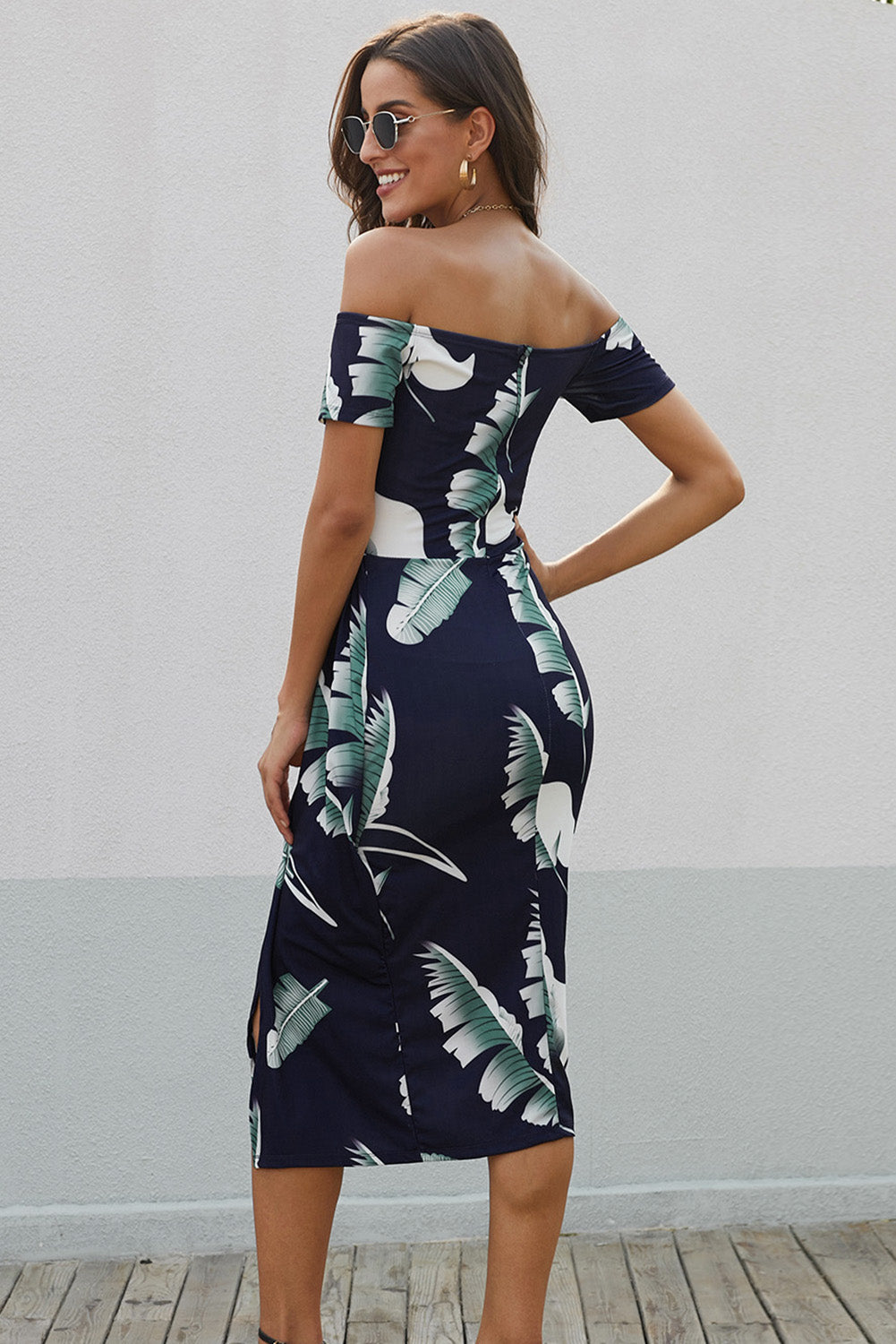 Printed Off-Shoulder Split Dress - Lecatta