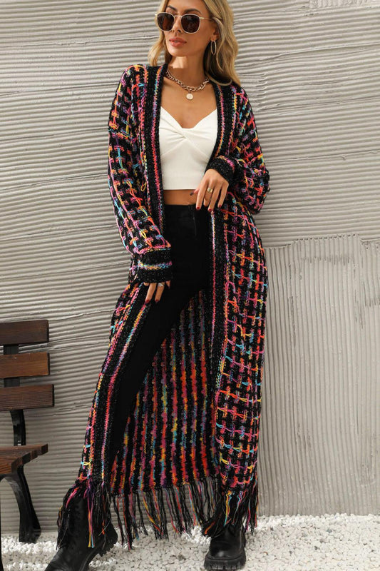 Multicolored Open Front Fringe Hem Cardigan - Lecatta