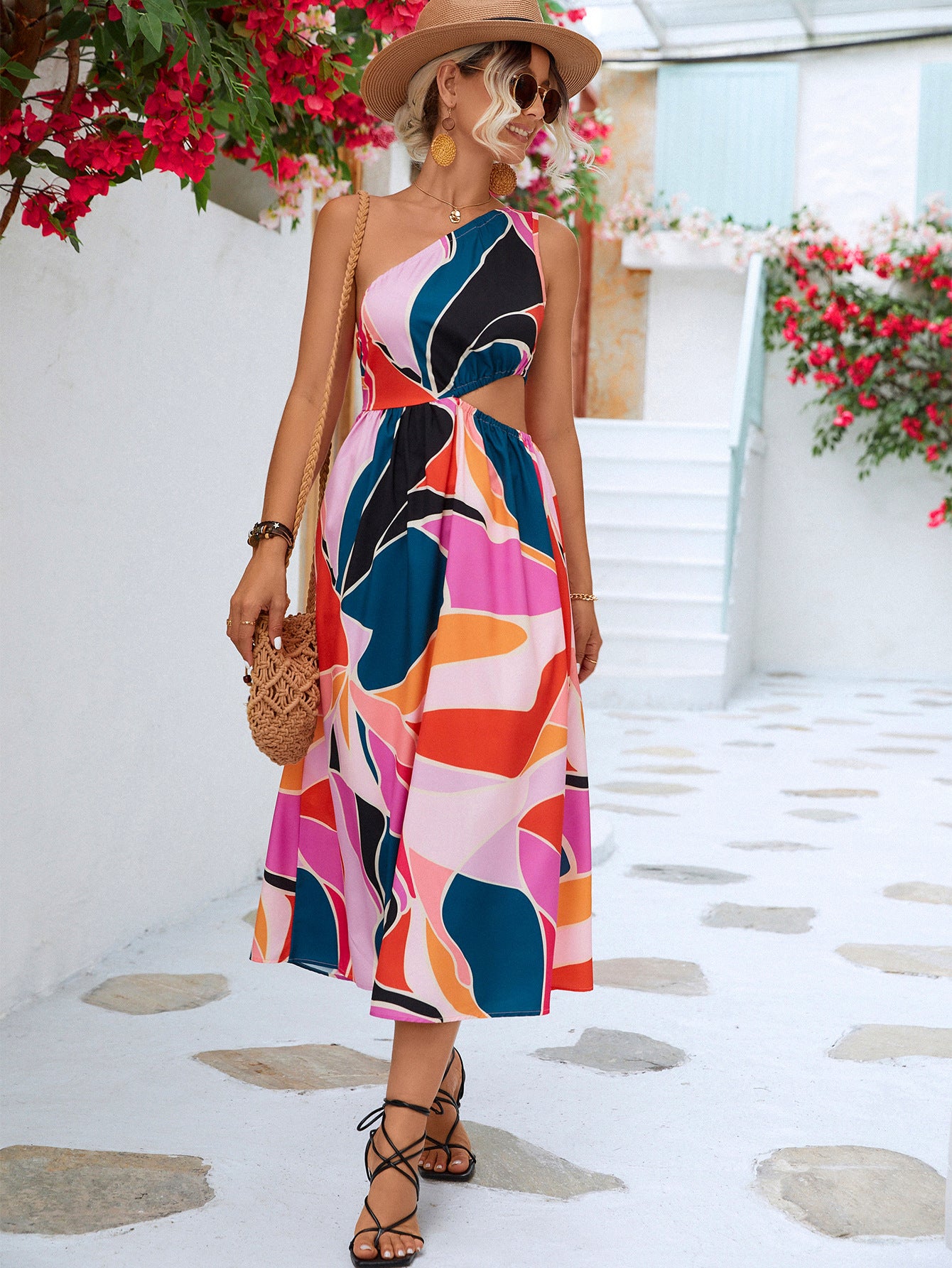 Printed Cutout One-Shoulder Sleeveless Dress - Lecatta