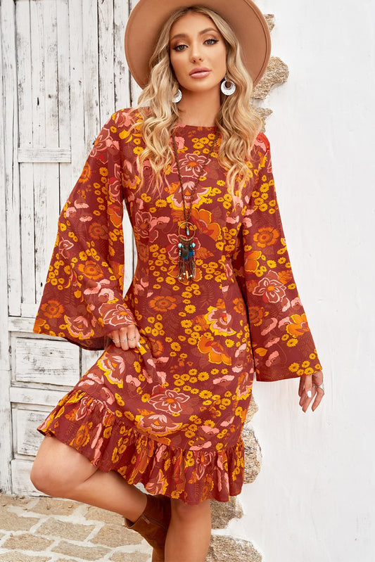 Floral Round Neck Flare Sleeve Dress - Lecatta