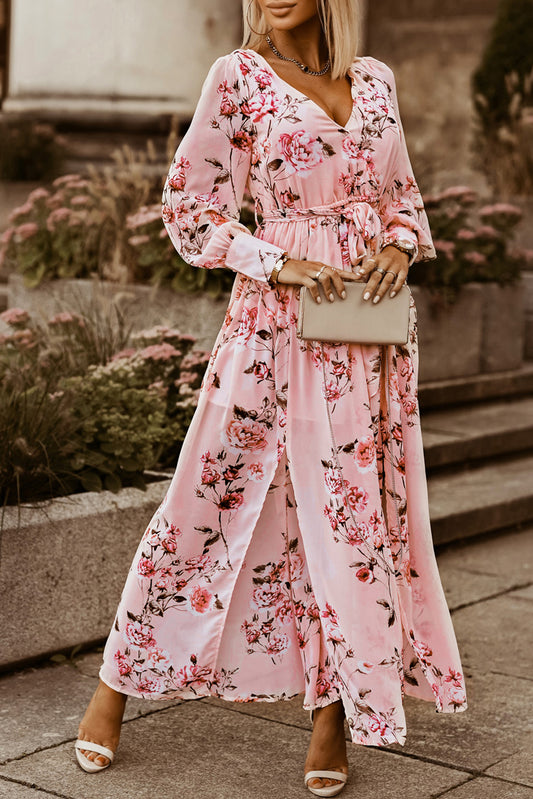 Floral Tie Belt Bishop Sleeve Slit Maxi Dress - Lecatta