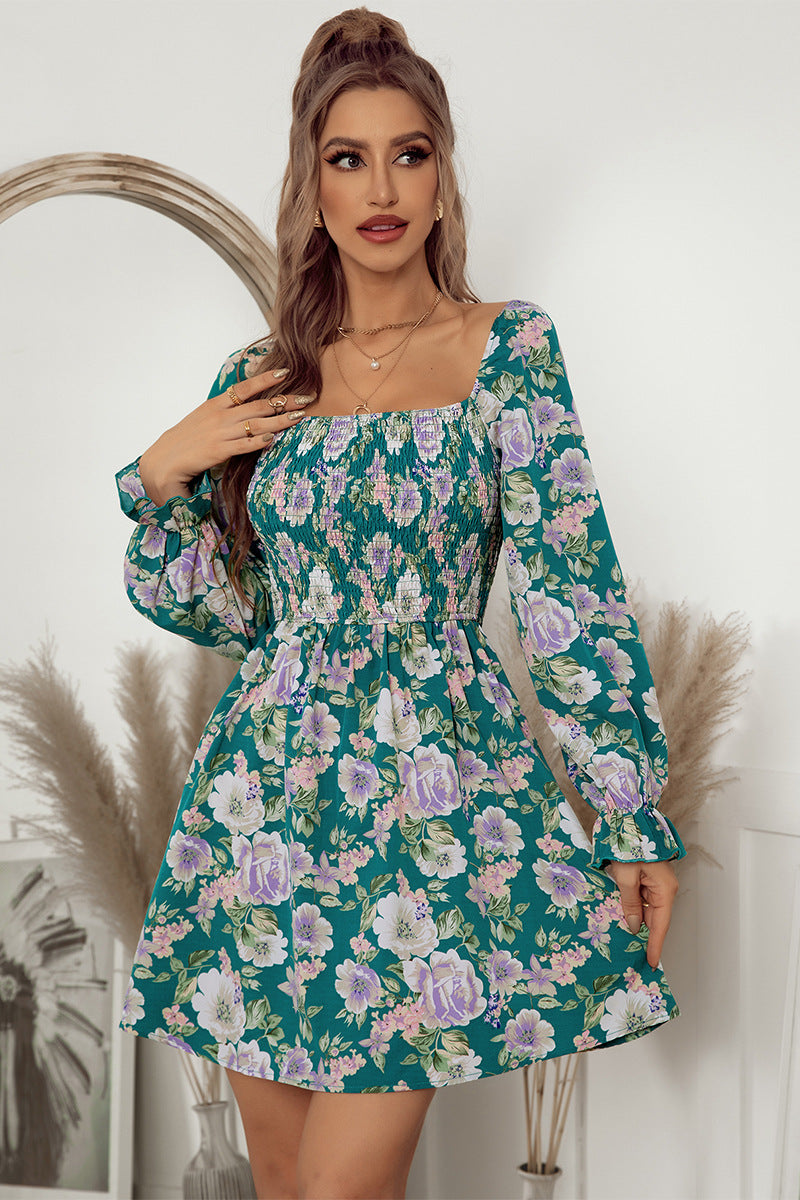 Floral Flounce Sleeve Smocked Square Neck Dress - Lecatta