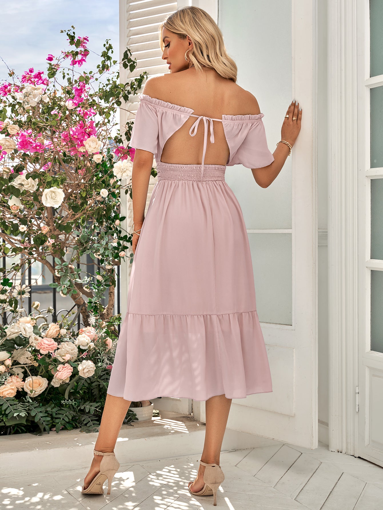 Off-Shoulder Tied Cutout Dress - Lecatta