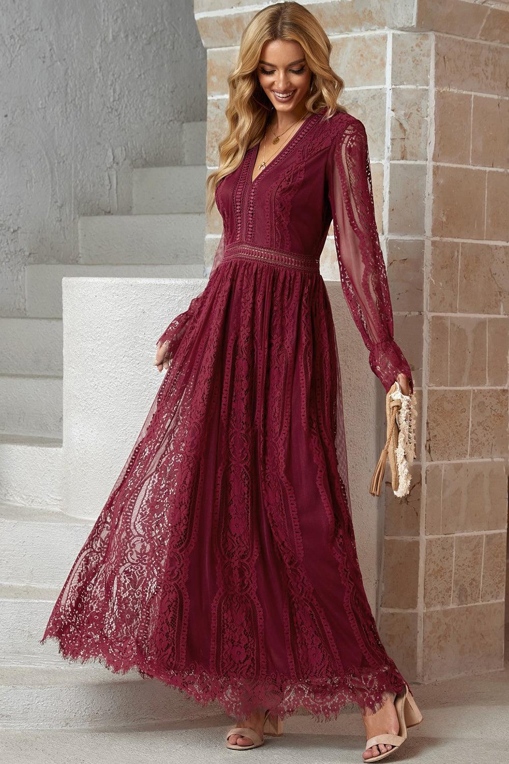 Scalloped Hem Flounce Sleeve Lace V-Neck Maxi Dress - Lecatta