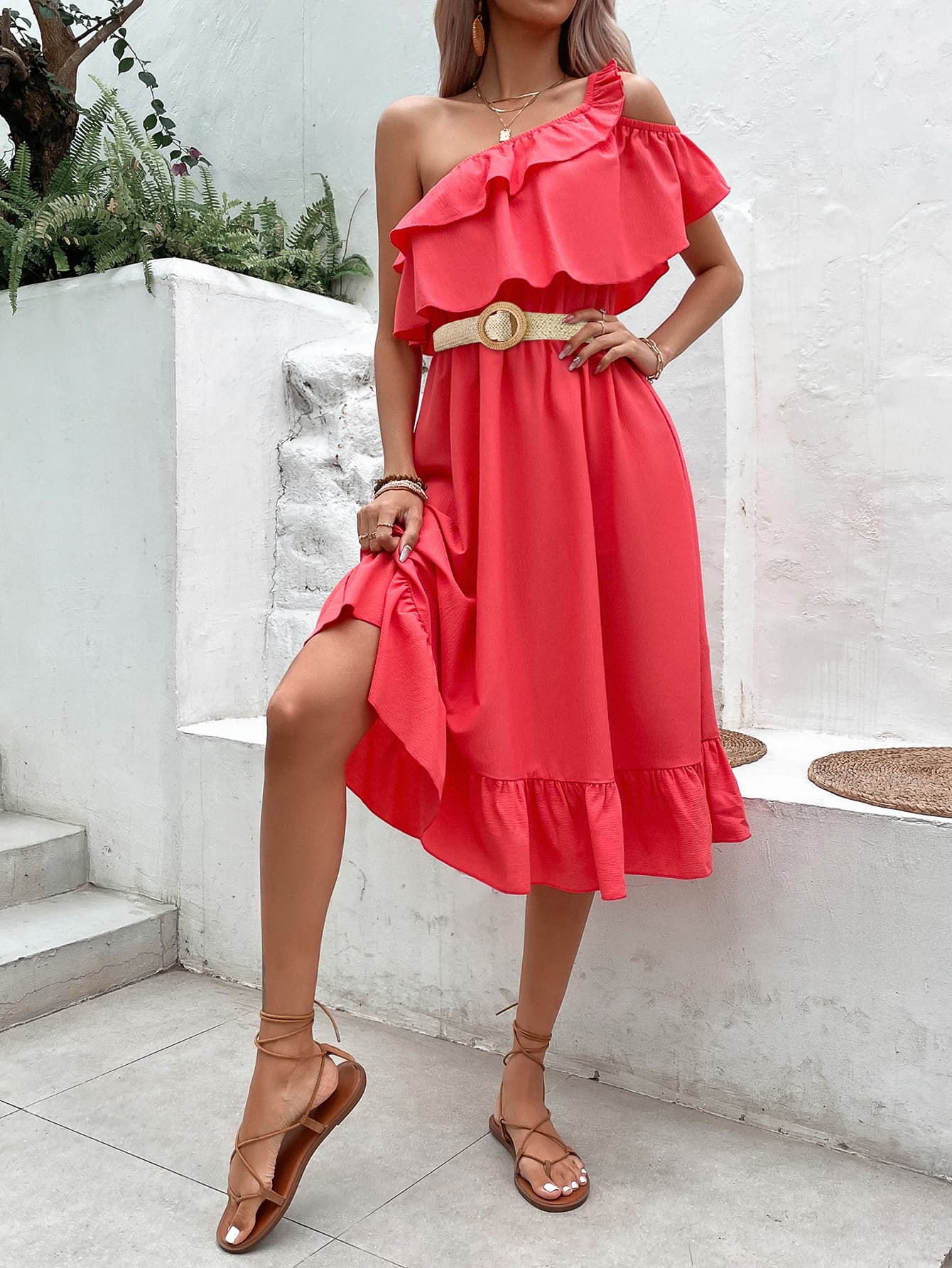 One-Shoulder Ruffle Hem Dress - Lecatta