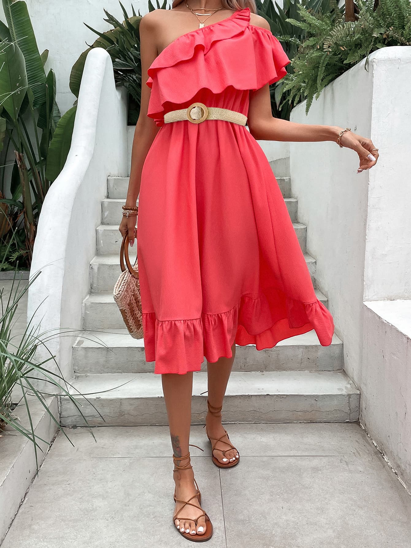 One-Shoulder Ruffle Hem Dress - Lecatta