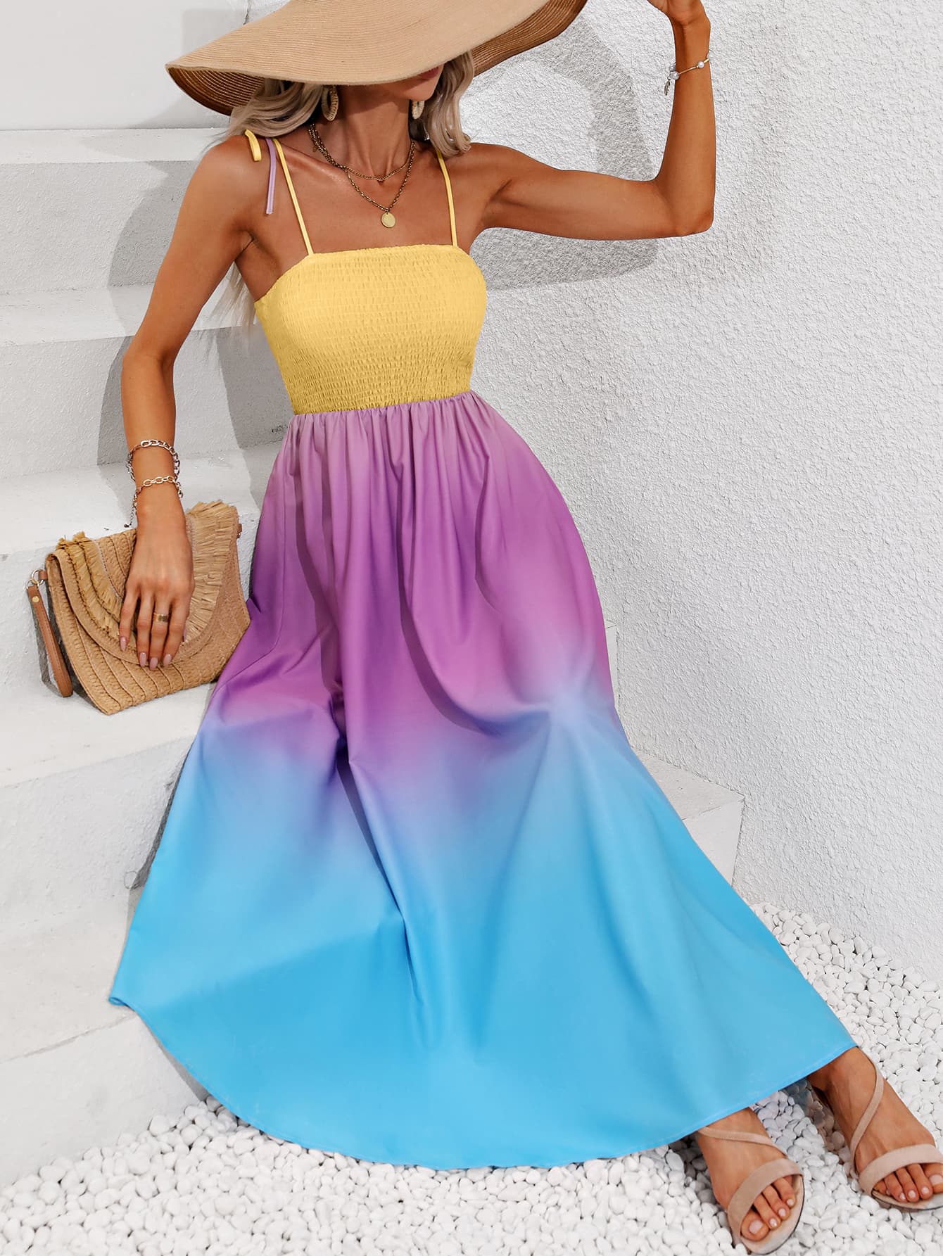 Color Block Tie Shoulder Smocked Maxi Dress - Lecatta