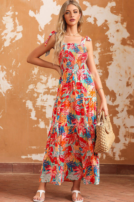 Printed Tie Shoulder Smocked Tiered Maxi Dress - Lecatta